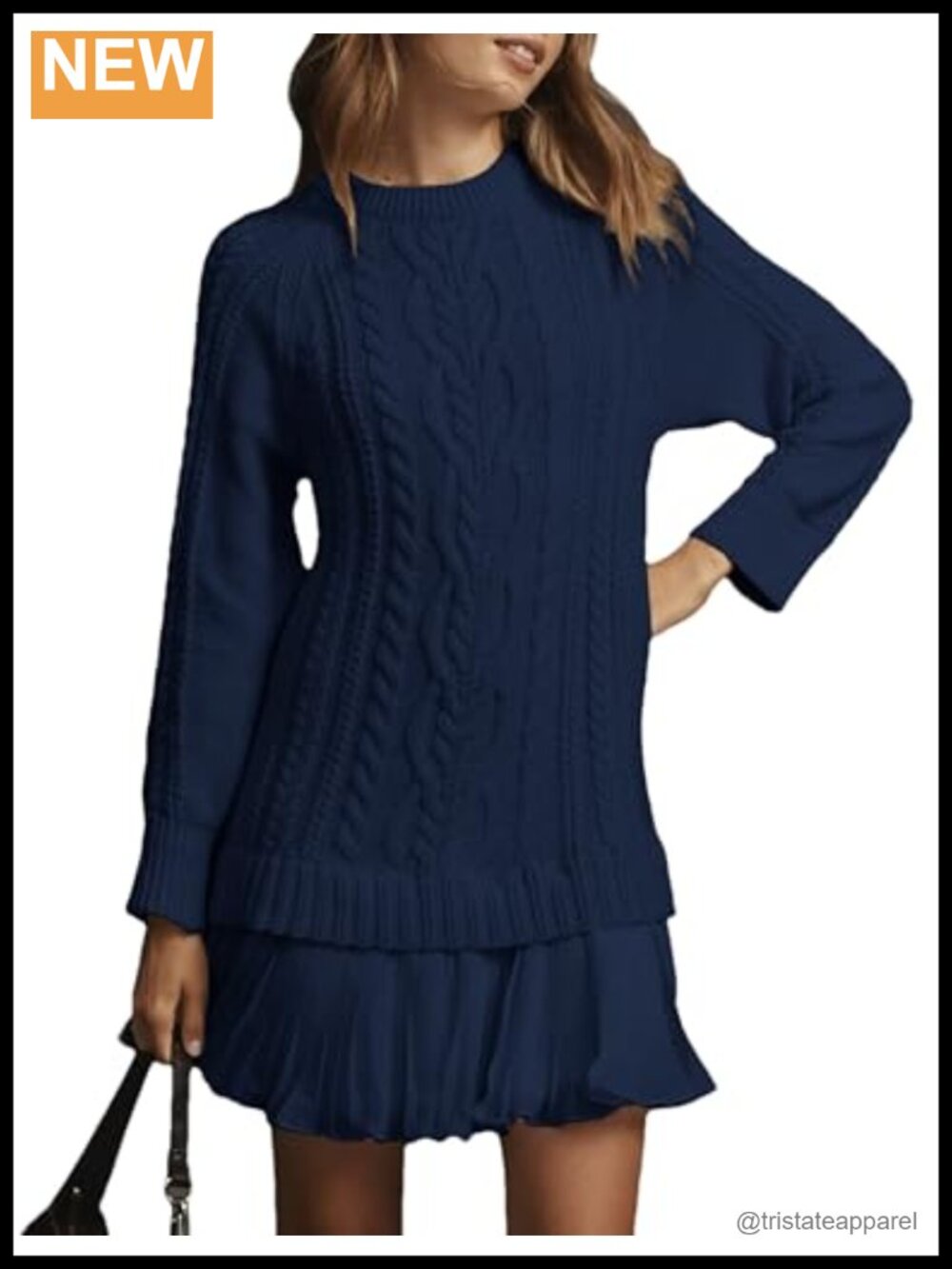 Womens Cable Knit Sweater Dress Crewneck Patchwork Pleated A-Line Long Sleeve
